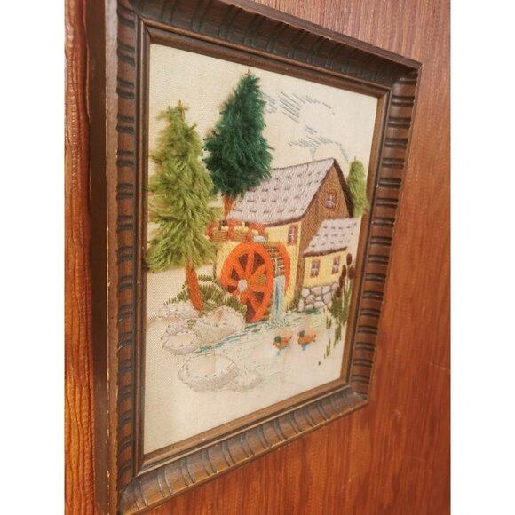 Framed Embroidery, Old Mill on a Stream, c.1970's Stitch Art - Picture 7 of 7
